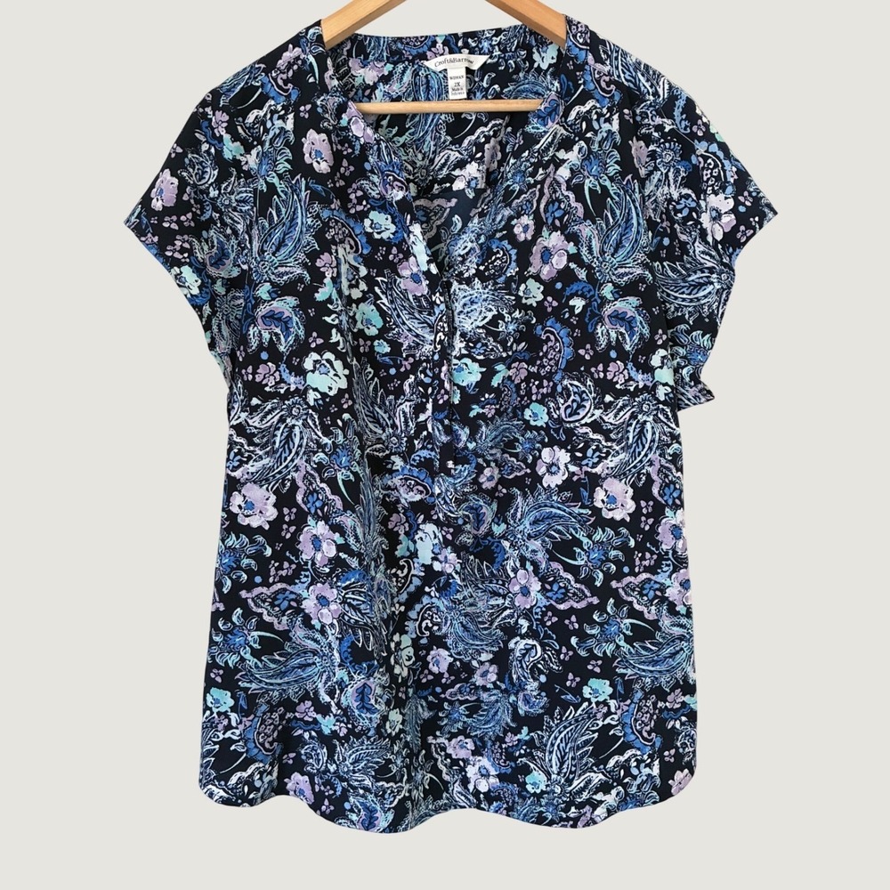 Croft & Barrow Womens 2X Navy Blue Paisley Floral V-Neck Short Sleeve Blouse Top